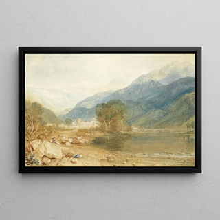 a painting A view from Saint-Michel Bonneville Castle in Savoie from the banks of the Arve River - Joseph Mallord William Turner — framed artwork on a wall