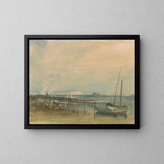 Coastal scene painting with white cliffs and boats on the beach - Joseph Mallord William Turner — framed artwork on a wall