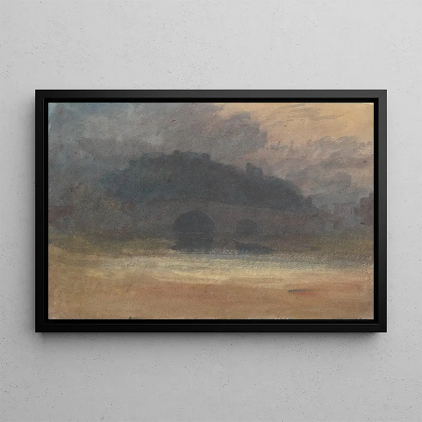 Evening landscape with castle and bridge in Yorkshire - Joseph Mallord William Turner — framed artwork on a wall
