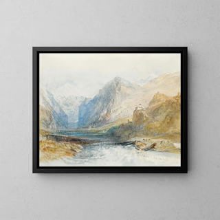 The Domleschg Valley view towards the north towards the Rothenbrunnen chasm - Joseph Mallord William Turner — framed artwork on a wall