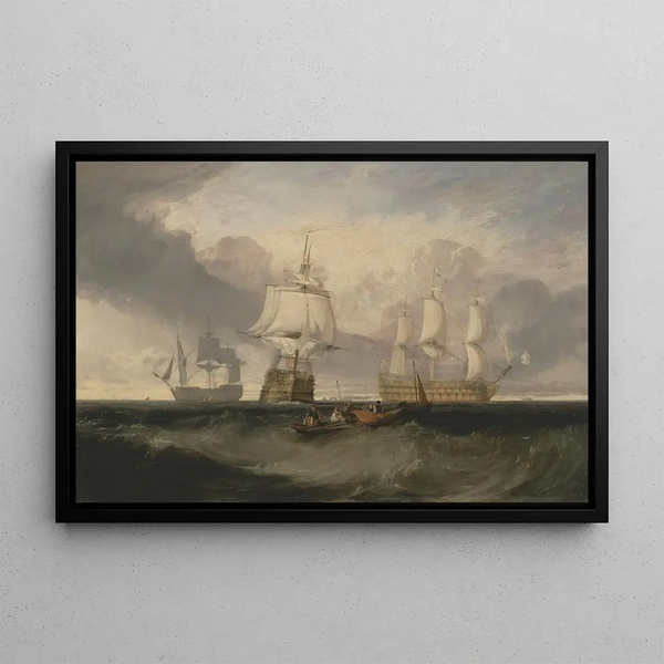 La Victoire revenant de Trafalgar en trois positions - Joseph Mallord William Turner — framed artwork on a wall