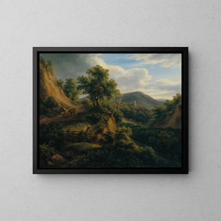 Mountainous wooded landscape with ruins - Joseph Messmer — framed artwork on a wall