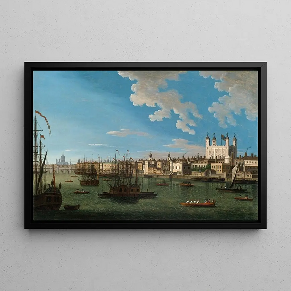The Thames at Tower of London with London Bridge and St Paul in the distance - Joseph Nickolls — framed artwork on a wall