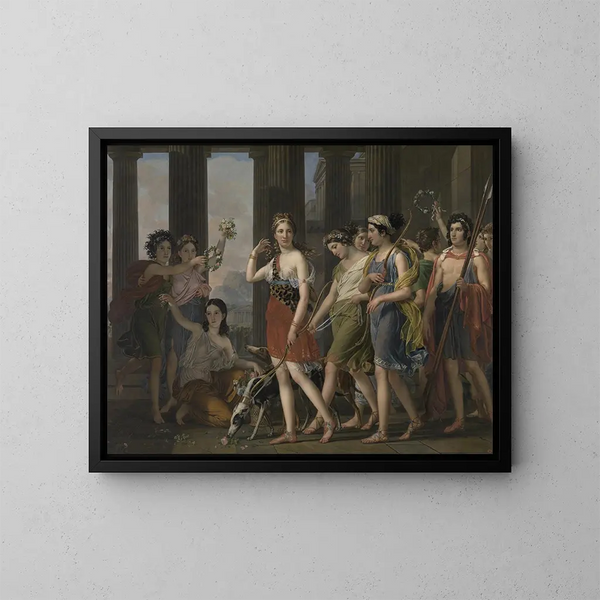 La belle Anthia conduit ses compagnes au temple de Diane à Éphèse - Joseph Paelinck — framed artwork on a wall