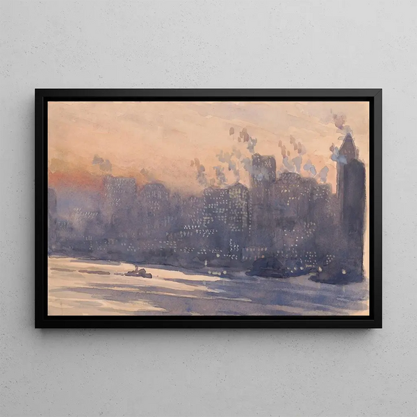 the port and skyline of New York at night - Joseph Pennell — framed artwork on a wall