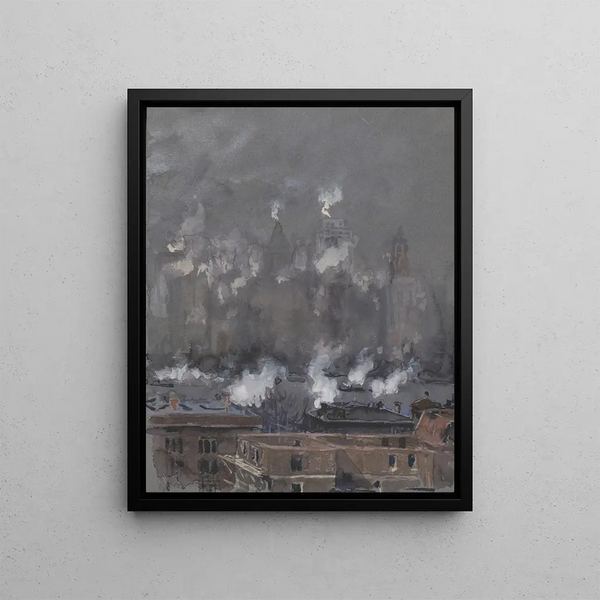 Smoke and fog in gray weather in New York - Joseph Pennell — framed artwork on a wall