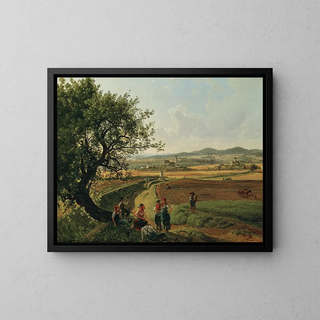 View of the lordships of Emmersdorf Castle and Rothenhof with Melk Abbey in the background - Joseph Rebell — framed artwork on a wall