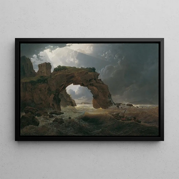 Marine Storm Painting at the Arco di Miseno near Miliscola with a view of Nisida - Joseph Rebell — framed artwork on a wall