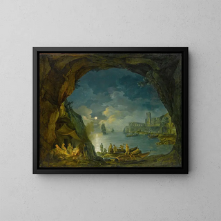 Night landscape painting with stars in a Mediterranean cave - Joseph Rebell — framed artwork on a wall