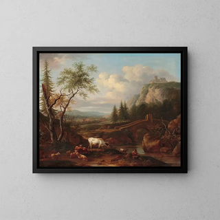 Mountain landscape painting with a bridge - Joseph Roos — framed artwork on a wall