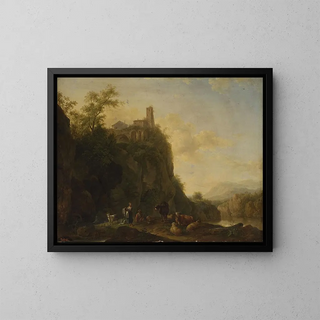 Mountain landscape painting with livestock - Joseph Roos — framed artwork on a wall