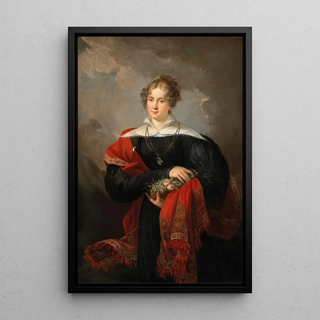 Portrait of a noble lady with flowers and a cashmere shawl - Joseph Salomon — framed artwork on a wall