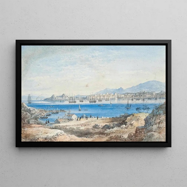 View of the fleet at anchor off Corfu taken from Vido Island - Joseph Schranz — framed artwork on a wall