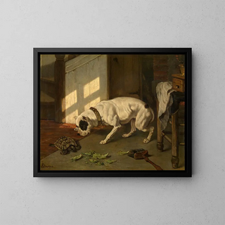 Dog with a turtle - Joseph Stevens — framed artwork on a wall