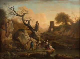 Encounter galant of soldiers near a river and fishermen in front of a cascade - Joseph Vernet — artwork view