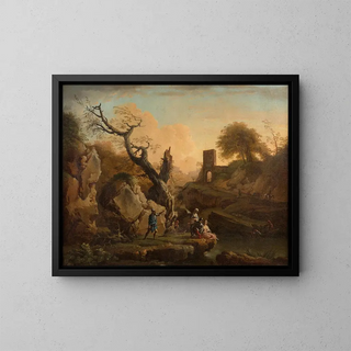 Encounter galant of soldiers near a river and fishermen in front of a cascade - Joseph Vernet — framed artwork on a wall