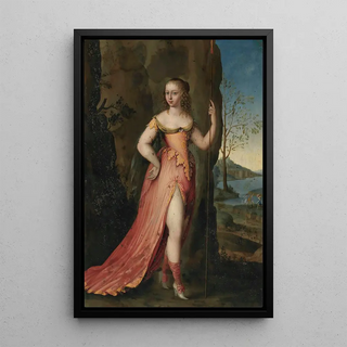 Portrait of a lady standing in Diane in a rocky landscape - Joseph Werner the Younger — framed artwork on a wall