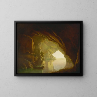 a Cave in the Gulf of Salerno at Sunset - Joseph Wright of Derby — framed artwork on a wall