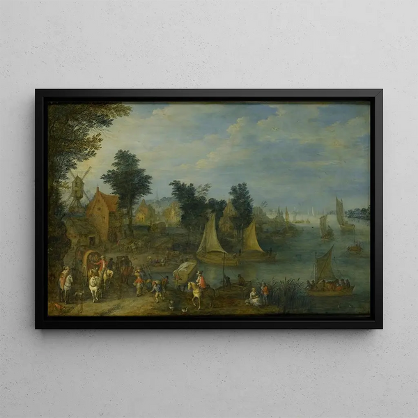 Village on the riverbank - Joseph van Bredael — framed artwork on a wall