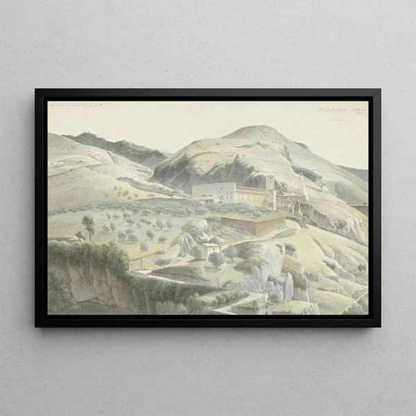 Landscape painting with monastery near Subiaco - Josephus Augustus Knip — framed artwork on a wall