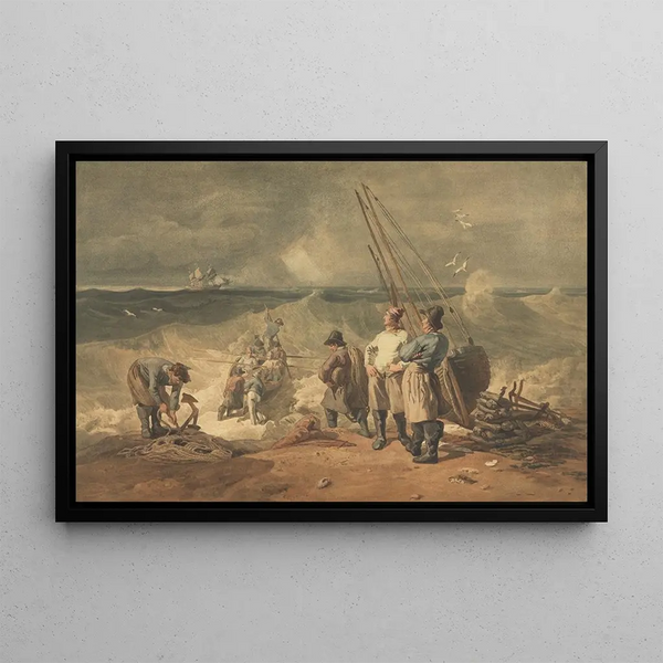 Sussex Coast Painting, launching a boat towards a distress ship - Joshua Cristall — framed artwork on a wall