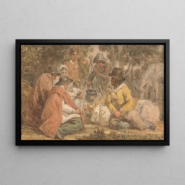 Peasants gathered around a cooking pot - Joshua Cristall — framed artwork on a wall