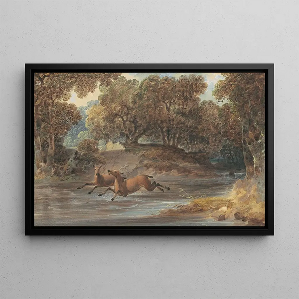 Landscape painting with deer in North Carolina - Joshua Shaw — framed artwork on a wall