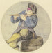 Player of Flute sitting on a barrel - Cornelis Dusart — displayed in an interior