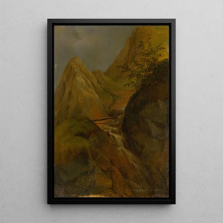 Mountain landscape painting with a waterfall - Józef Bożetech Klemens — framed artwork on a wall