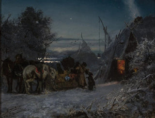 Sledge in front of a cabin at night - Józef Chełmoński — artwork view