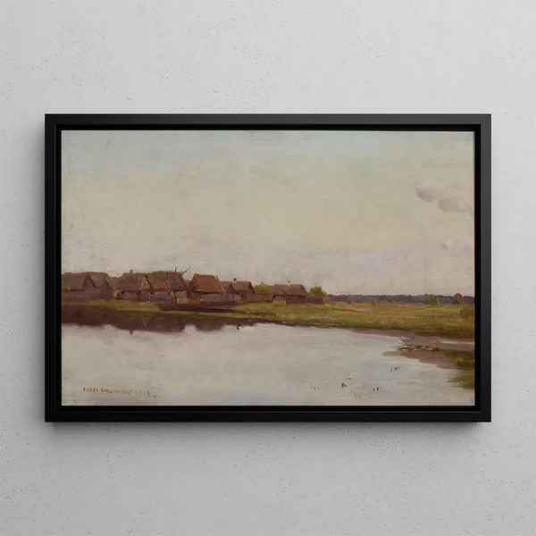 Village by the water's edge - Józef Chełmoński — framed artwork on a wall