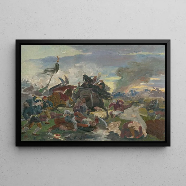 La mort de Tomory à la bataille de Mohács - Jozef Hanula — framed artwork on a wall