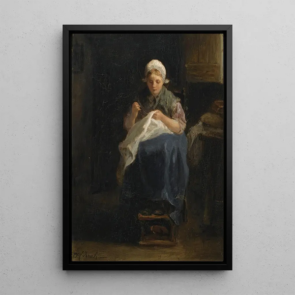 A peasant sewing - Jozef Israëls — framed artwork on a wall