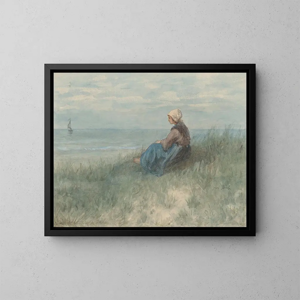 a woman sitting on a dune looking at the sea - Jozef Israëls — framed artwork on a wall