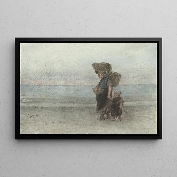 Woman with Child Walking on the Beach - Jozef Israëls — framed artwork on a wall