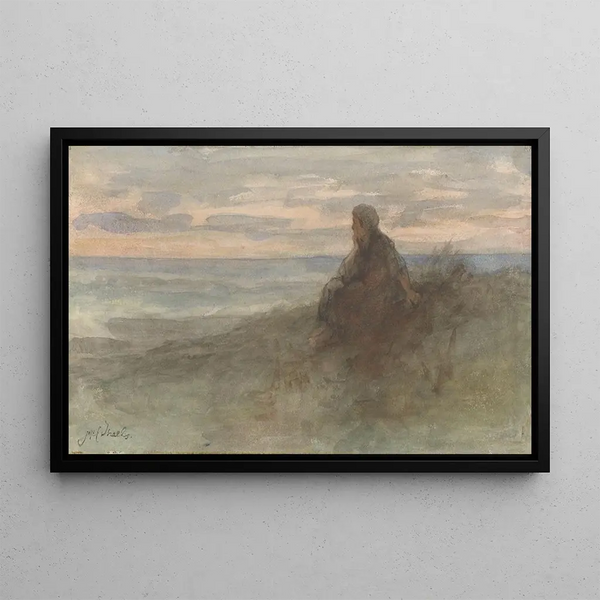 a seated woman on a dune near the sea - Jozef Israëls — framed artwork on a wall