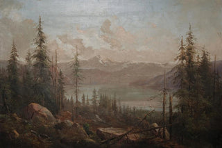 Mountain landscape painting with a fallen tree in the foreground - Juan Buckingham Wandesforde — artwork view