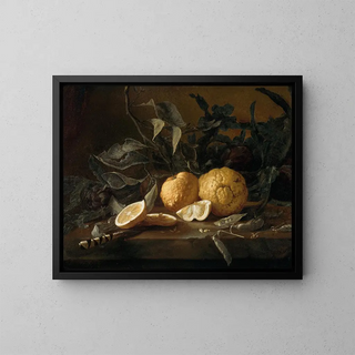 Nature morte with lemons, a knife, and pea pods on a stone ledge - Juan Fernández — framed artwork on a wall