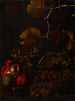 Nature morte avec des raisins, des pommes, des châtaignes, des amandes, des glands et une bouteille en terre cuite rouge - Juan Fernández el Labrador — artwork view