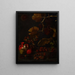 Nature morte avec des raisins, des pommes, des châtaignes, des amandes, des glands et une bouteille en terre cuite rouge - Juan Fernández el Labrador — framed artwork on a wall