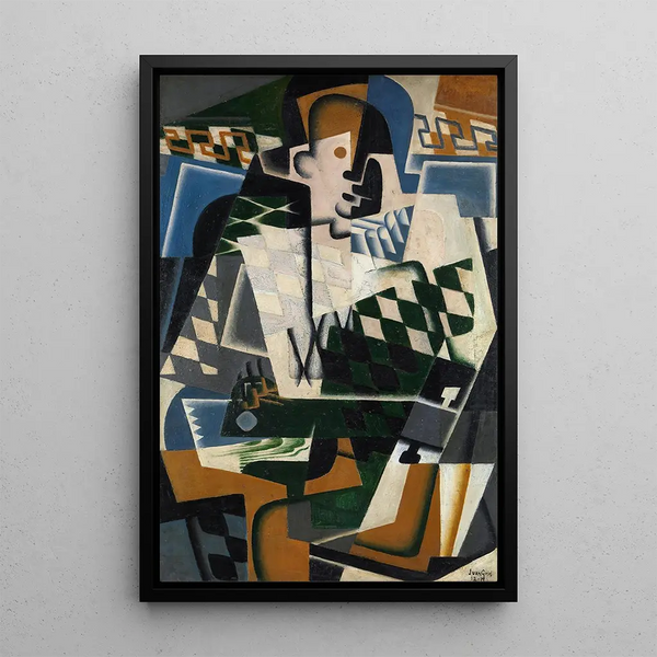 Harlequin with a guitar - Juan Gris — framed artwork on a wall