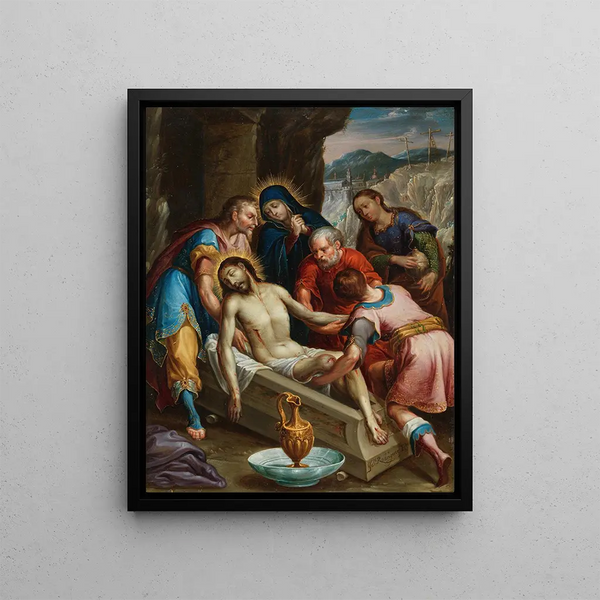 The Entombment of Christ - Juan Rodríguez Juárez — framed artwork on a wall