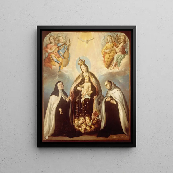 La Vierge du Carmen avec sainte Thérèse et saint Jean de la Croix - Juan Rodríguez Juárez — framed artwork on a wall