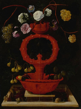 Juan de Espinosa - Still life of flowers and grapes in an elaborate ceramic vase with snails along the bottom ledge.webp