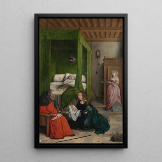 The Birth and Baptism of Saint John the Baptist - Juan de Flandes — framed artwork on a wall