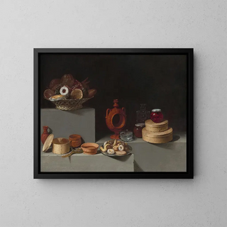Still life with Sweets and Pottery - Juan van der Hamen y León — framed artwork on a wall