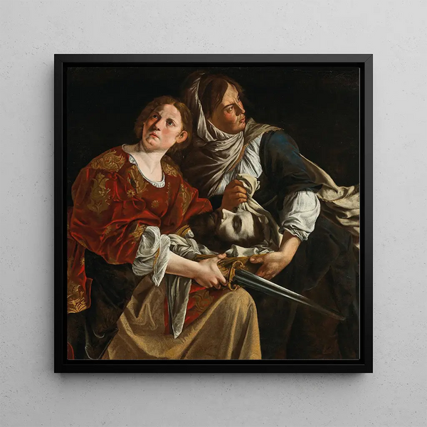 Judith and her maid with the head of Holofernes - Artemisia Gentileschi — framed artwork on a wall