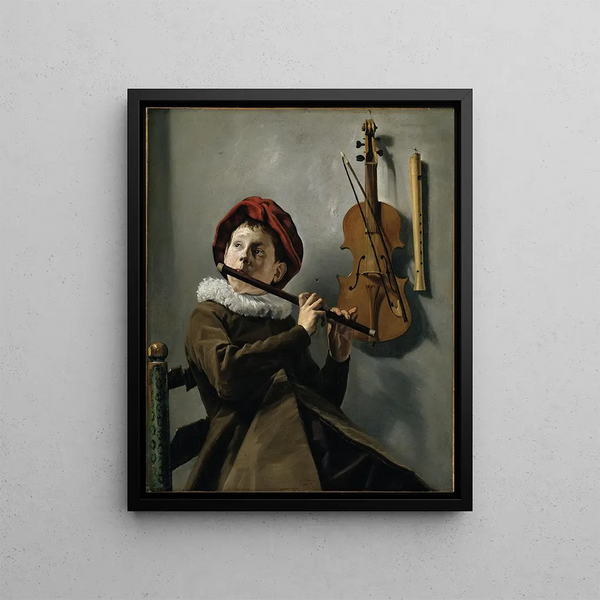 Boy playing the flute - Judith Leyster — framed artwork on a wall