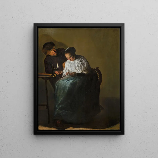 A man offers money to a young woman - Judith Leyster — framed artwork on a wall
