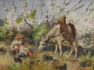Summer landscape with children and a donkey - Julian Alden Weir — artwork view